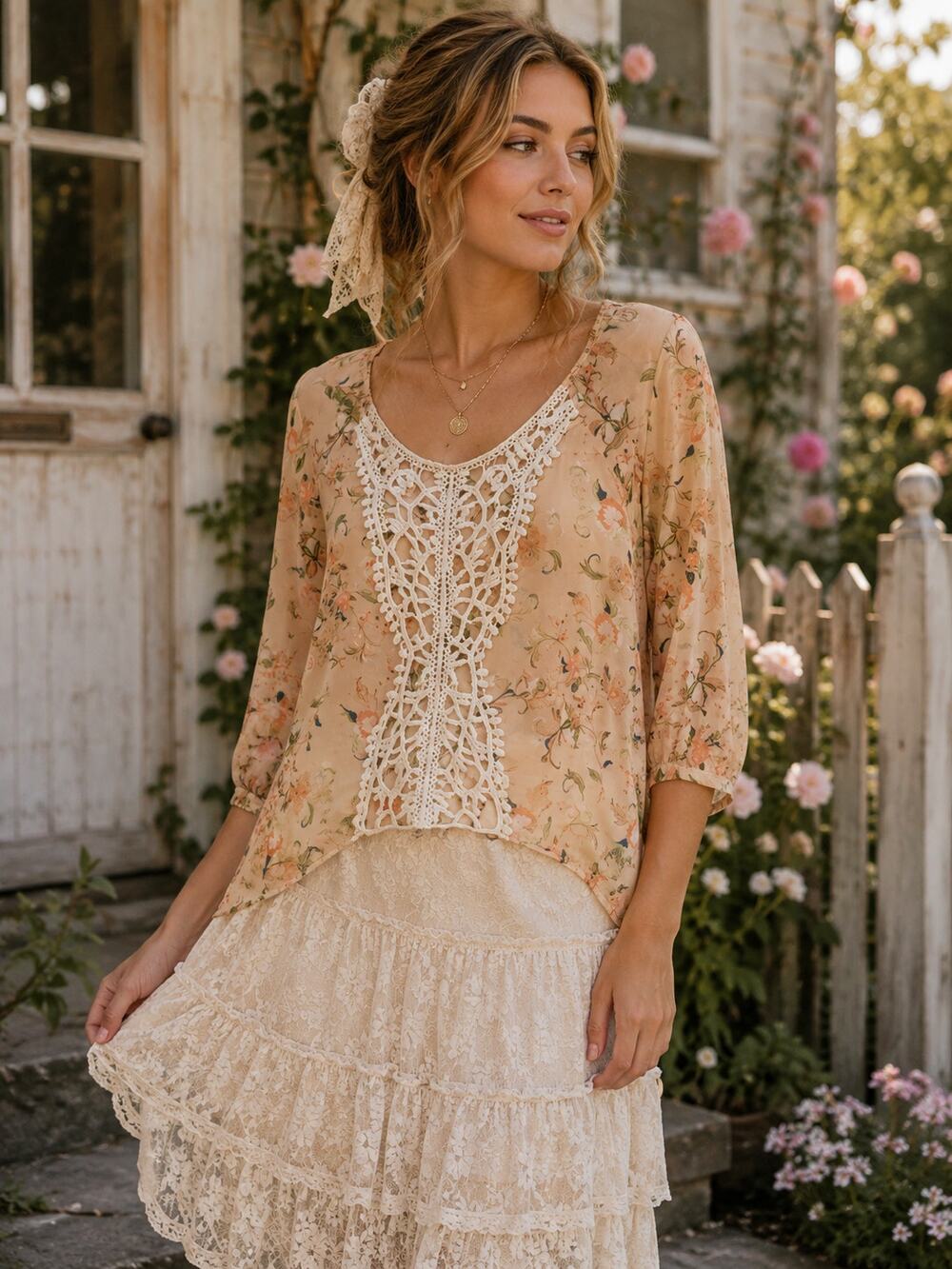 Kelly Renee Sheer Floral Blouse Women's Medium Lace Front Boho Cottagecore Top